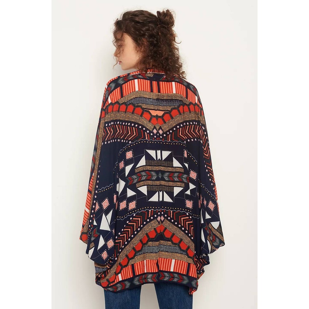 Anthropologie Akemi+Kin Shira Cocoon Kimono OS Navy Orange Geometric Aztec Boho
